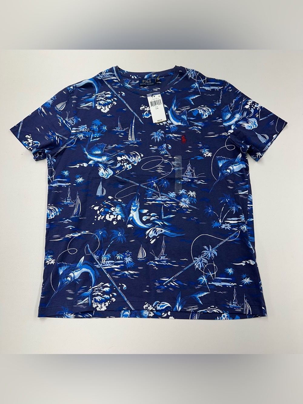 Polo Ralph Lauren Graphic Crew T-Shirt Mens Large Blue Sailboat Marlin Print